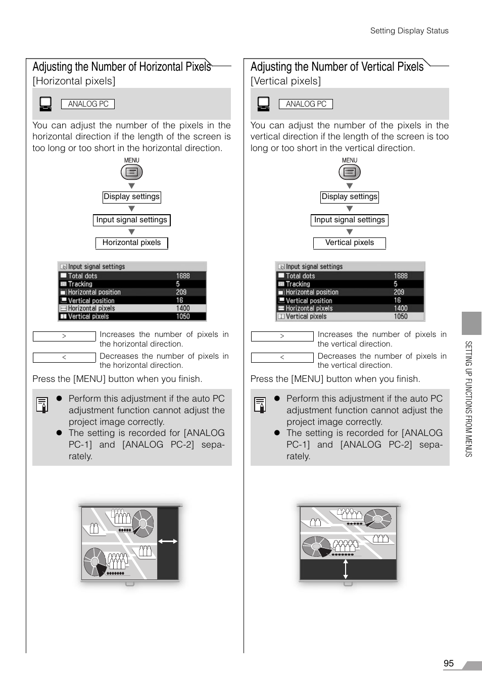 Adjusting the number of horizontal pixels, Adjusting the number of vertical pixels, Horizontal pixels | Vertical pixels | Canon REALiS SX60 User Manual | Page 95 / 146