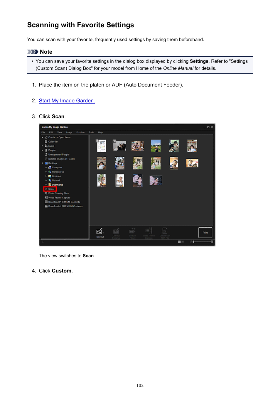 Scanning with favorite settings | Canon PIXMA Pro9000 Mark II User Manual | Page 102 / 303