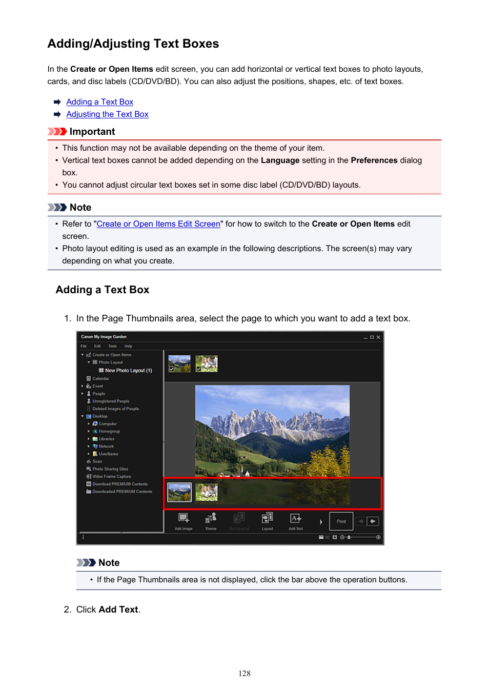 Adding/adjusting text boxes | Canon PIXMA Pro9000 Mark II User Manual | Page 128 / 303