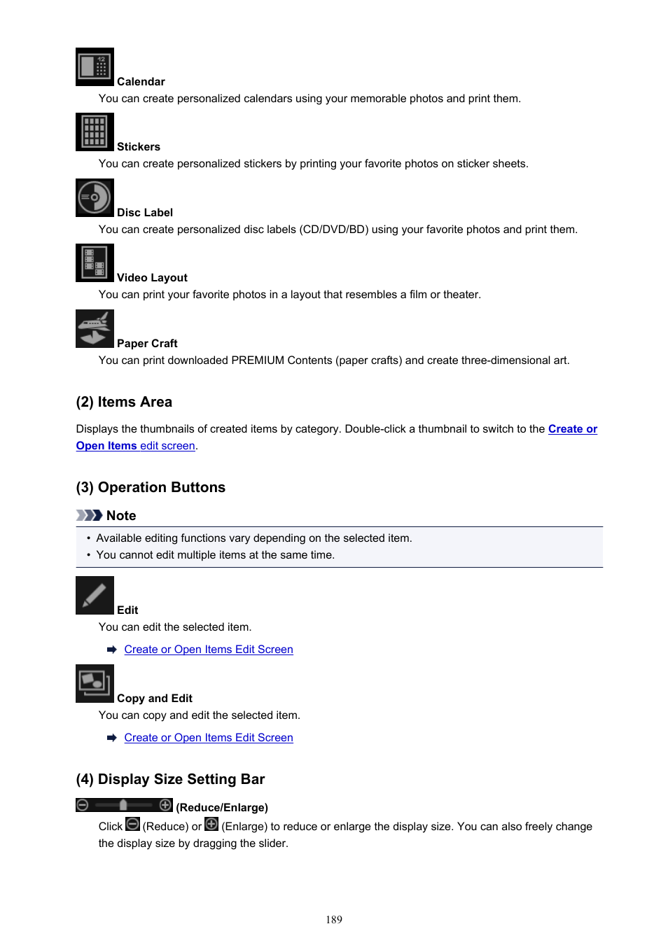 2) items area, 3) operation buttons, 4) display size setting bar | Canon PIXMA Pro9000 Mark II User Manual | Page 189 / 303