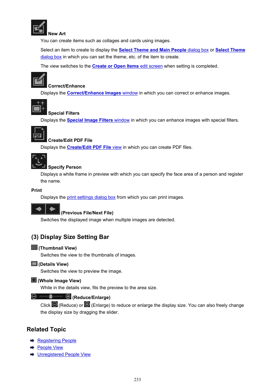 3) display size setting bar, Related topic | Canon PIXMA Pro9000 Mark II User Manual | Page 233 / 303
