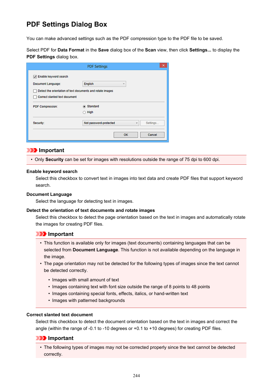 Pdf settings dialog box | Canon PIXMA Pro9000 Mark II User Manual | Page 244 / 303