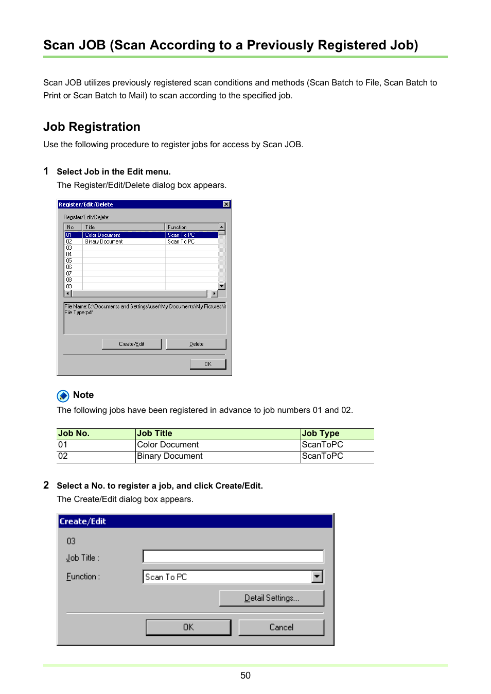 Scan job (scan, According to a previously registered job), P. 50) | Job registration | Canon imageFORMULA DR-2020U Universal Workgroup Scanner User Manual | Page 50 / 73