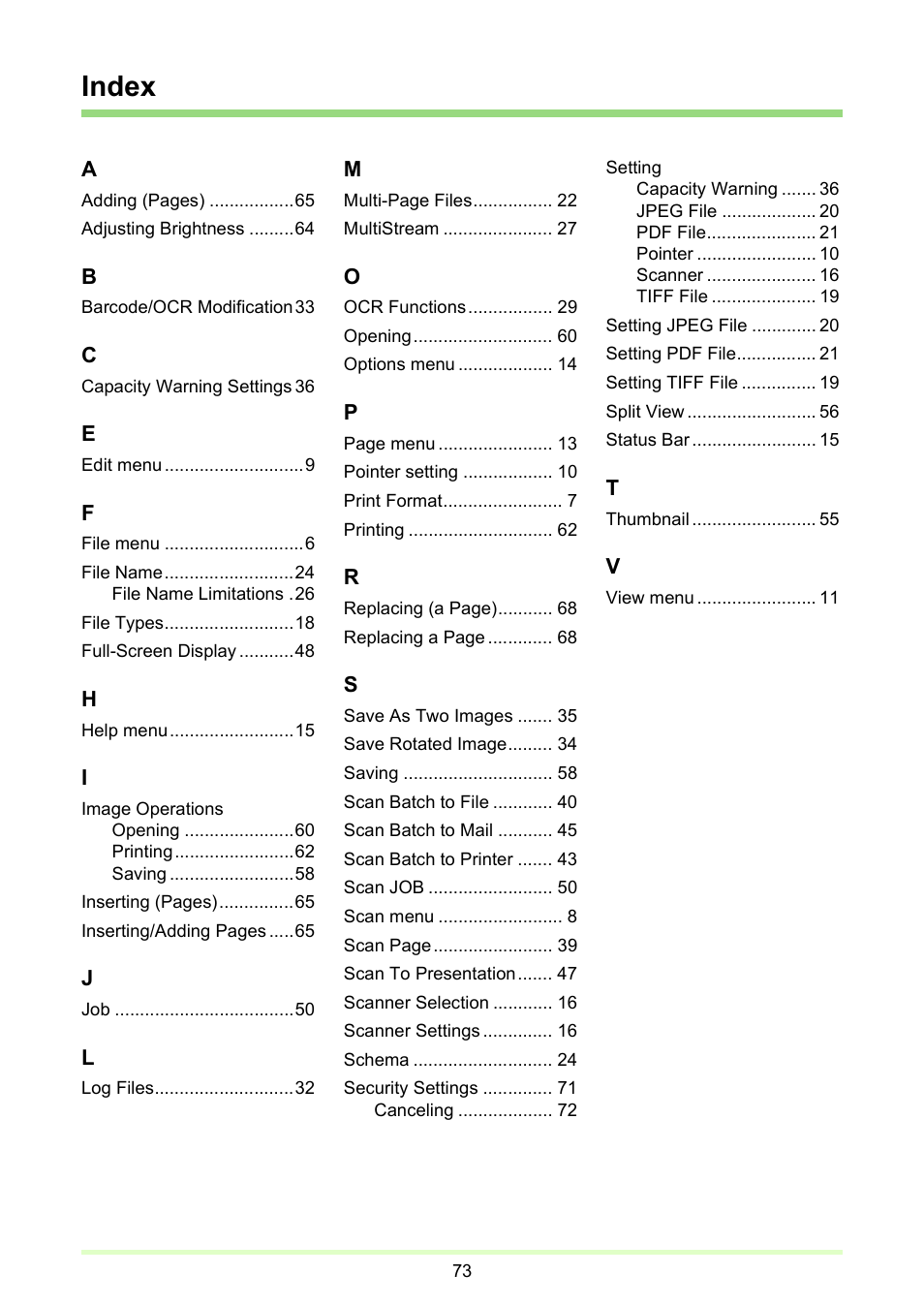 Index | Canon imageFORMULA DR-2020U Universal Workgroup Scanner User Manual | Page 73 / 73