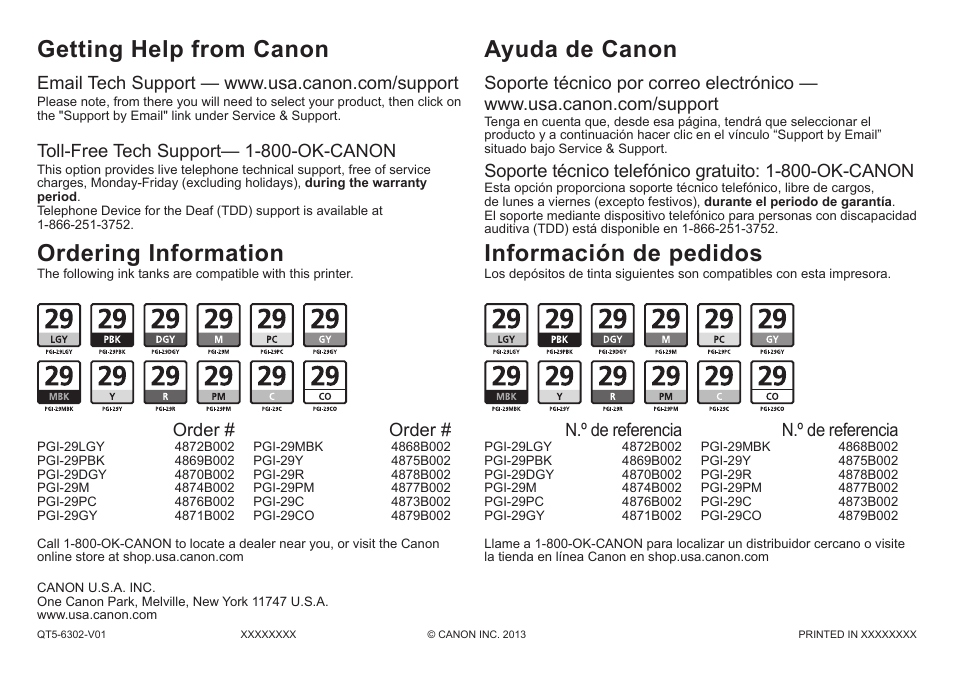 Ayuda de canon, Información de pedidos, Getting help from canon | Ordering information, N.º de referencia, Toll-free tech support— 1-800-ok-canon, Order | Canon PIXMA PRO-1 User Manual | Page 34 / 34