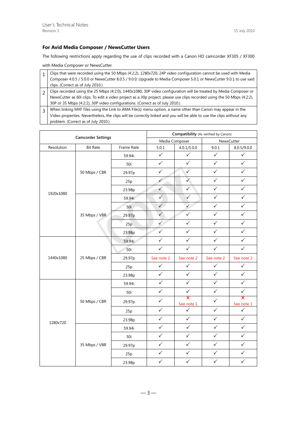 For avid media composer / newscutter users, Cop y | Canon XF305 User Manual | Page 3 / 3