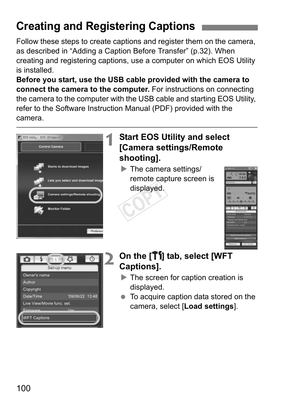 Creating and registering captions, Cop y | Canon EOS-1D C User Manual | Page 100 / 116