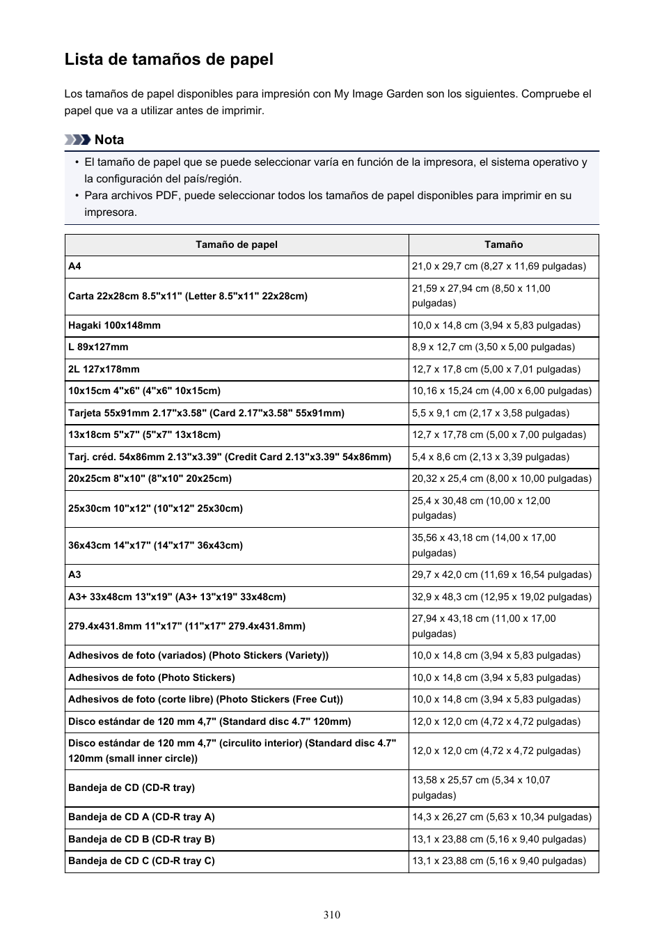 Lista de tamaños de papel, Nota | Canon PIXMA PRO-1 User Manual | Page 310 / 320