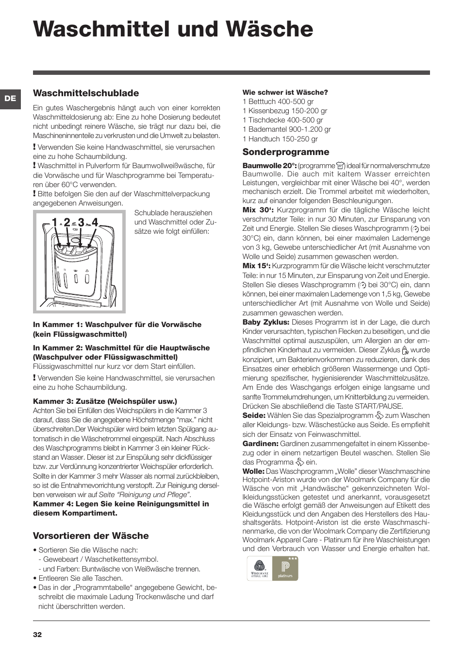 Waschmittel und wäsche | Hotpoint Ariston ECOT7D 1491 User Manual | Page 32 / 60
