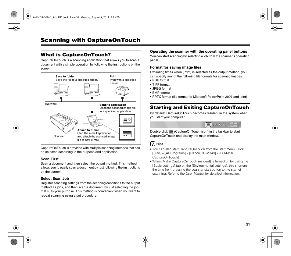 Scanning with captureontouch, What is captureontouch, Starting and exiting captureontouch | Canon imageFORMULA DR-M140 Document Scanner User Manual | Page 31 / 56