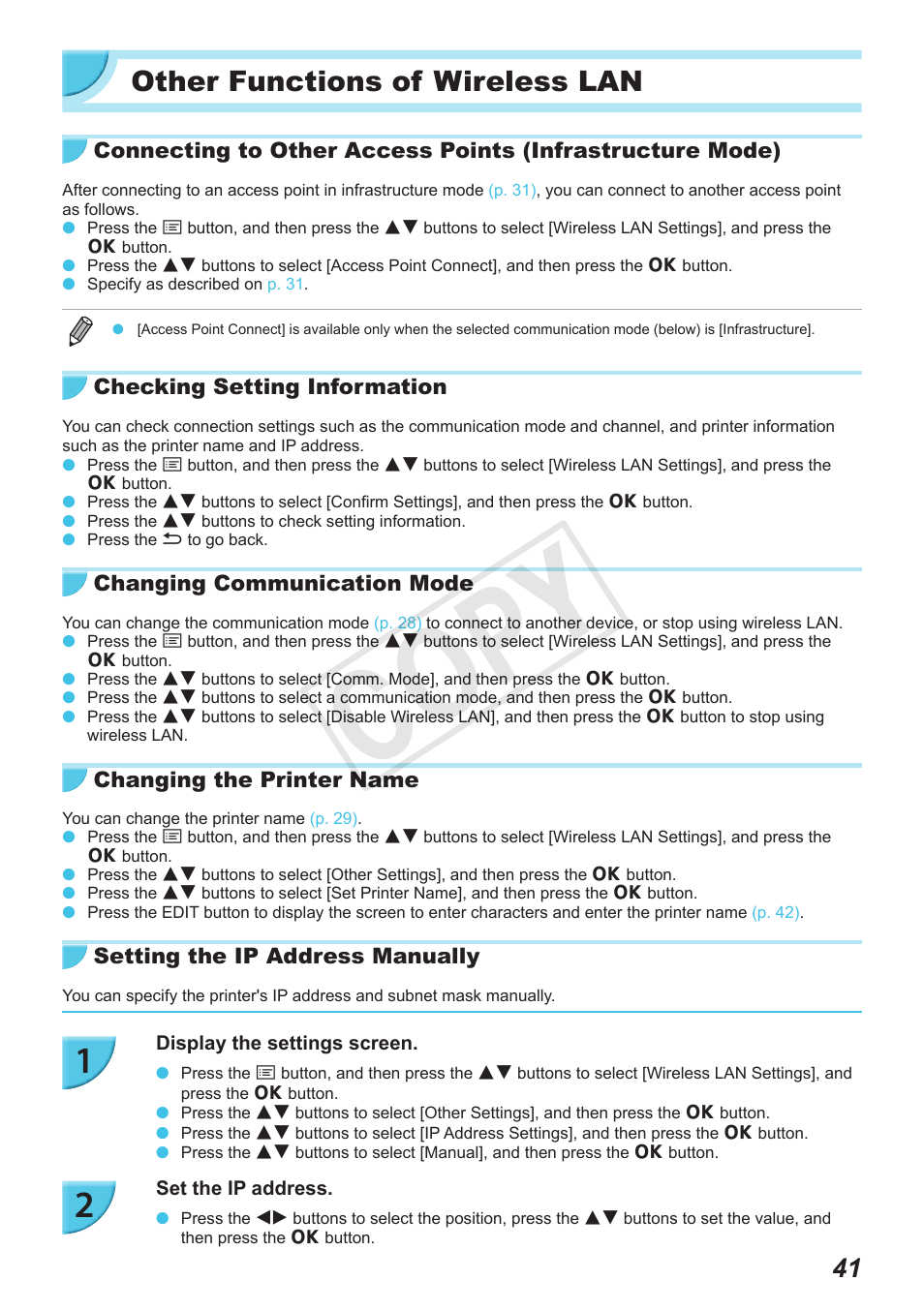 Other functions of wireless lan, P. 41), Cop y | Canon SELPHY CP900 User Manual | Page 41 / 56