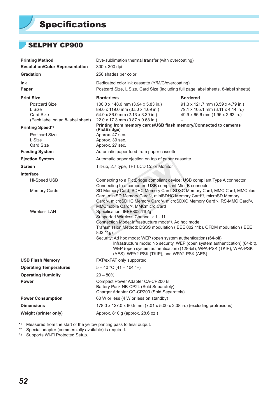 Specifications, Cop y, Selphy cp900 | Canon SELPHY CP900 User Manual | Page 52 / 56