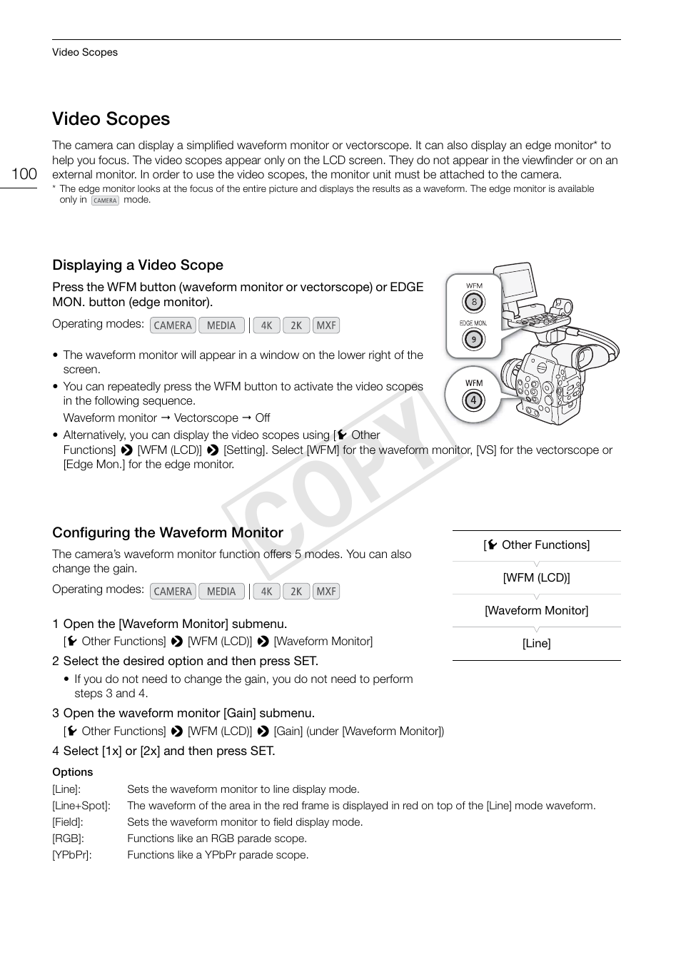 Video scopes, Displaying a video scope, Configuring the waveform monitor | 100), the co, Video scopes 100, Cop y | Canon EOS C500 User Manual | Page 100 / 210