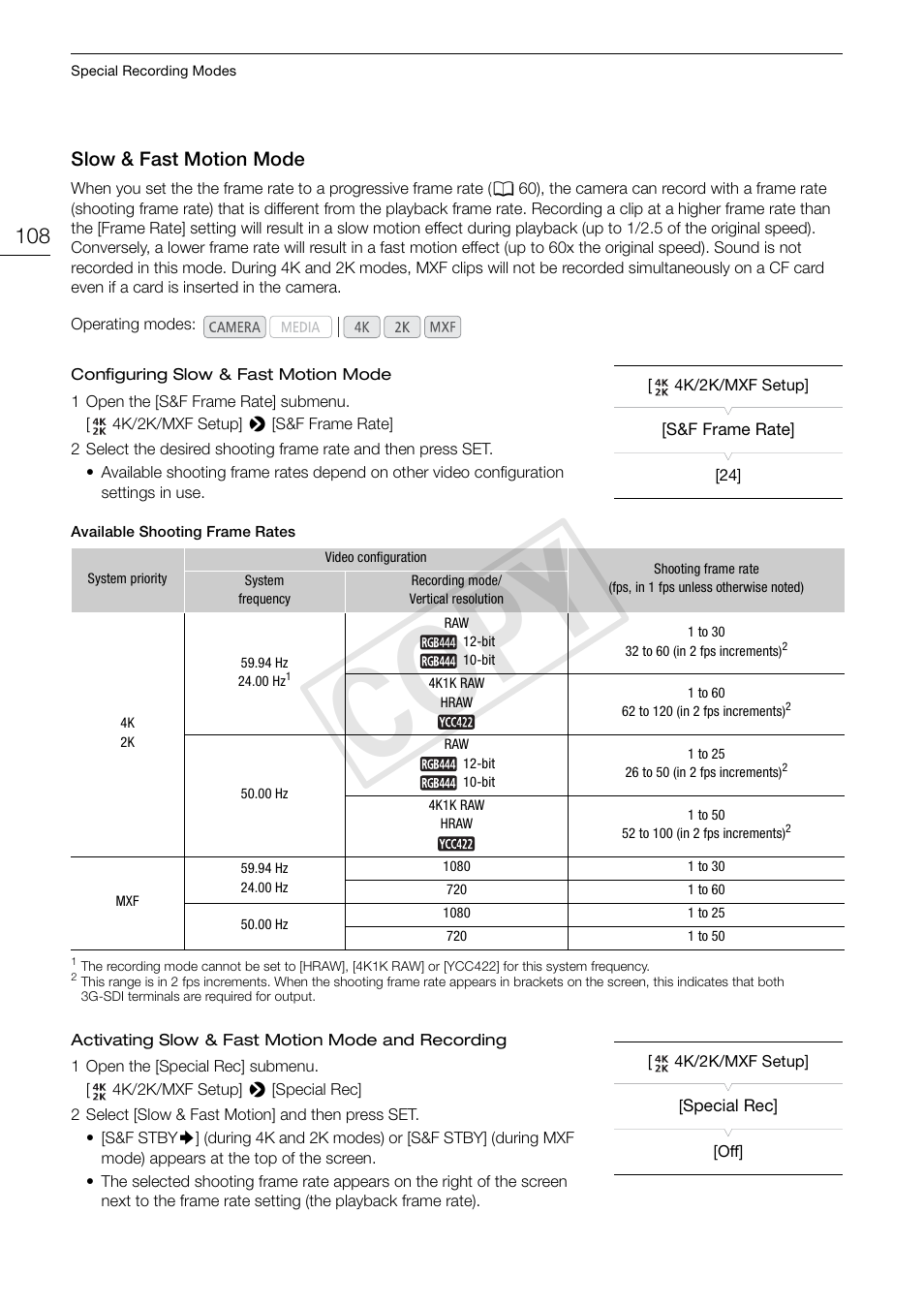 Slow & fast motion mode, Slow & fast motion mode 108, Cop y | Canon EOS C500 User Manual | Page 108 / 210