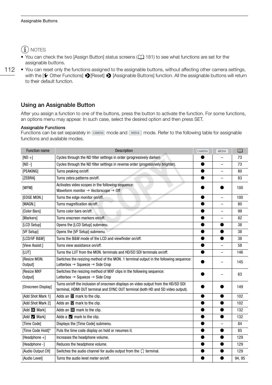Using an assignable button, Using an assignable button 112, Cop y | Canon EOS C500 User Manual | Page 112 / 210