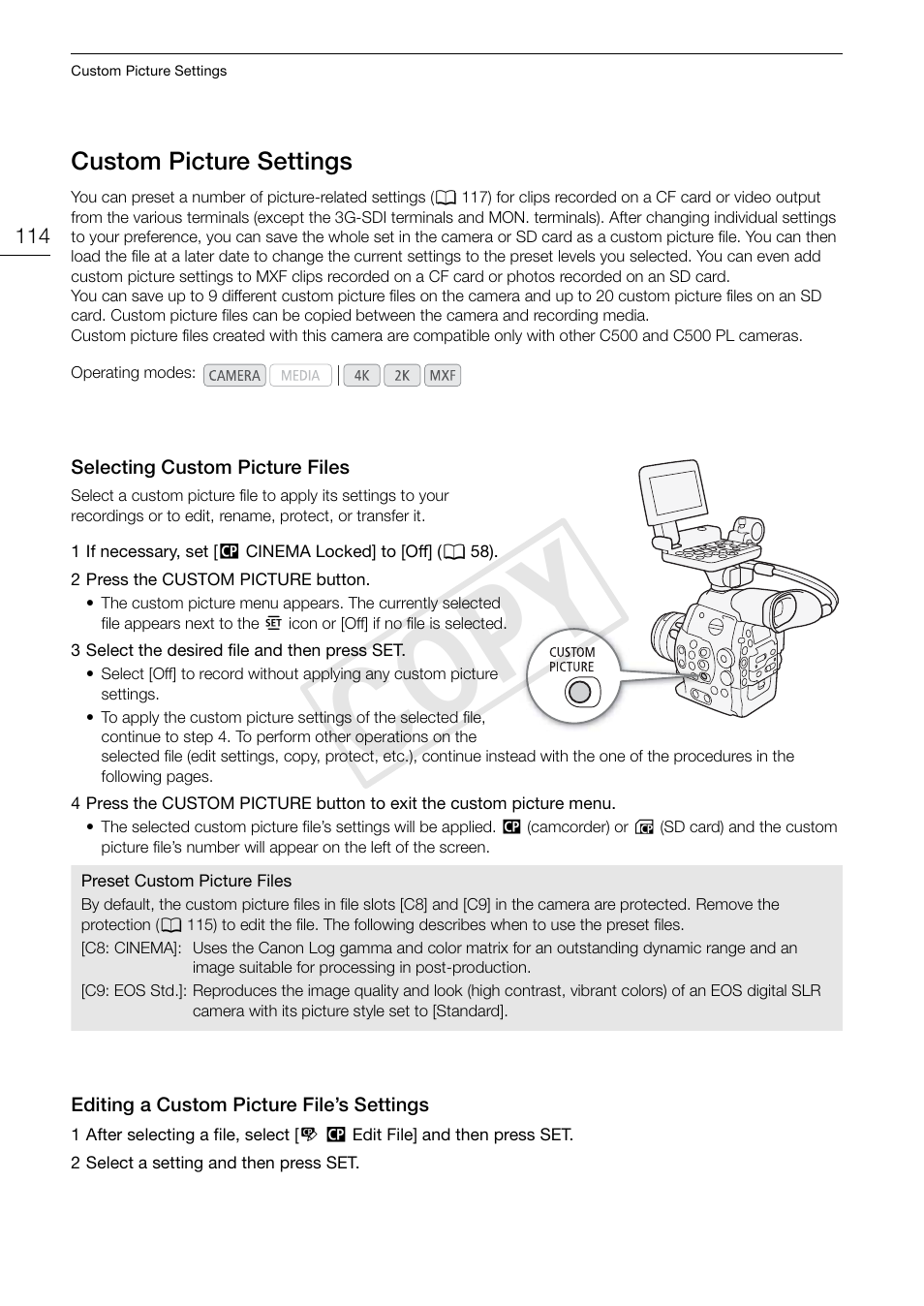 Custom picture settings, Selecting custom picture files, Editing a custom picture file’s settings | Custom picture settings 114, 114) a, Cop y | Canon EOS C500 User Manual | Page 114 / 210