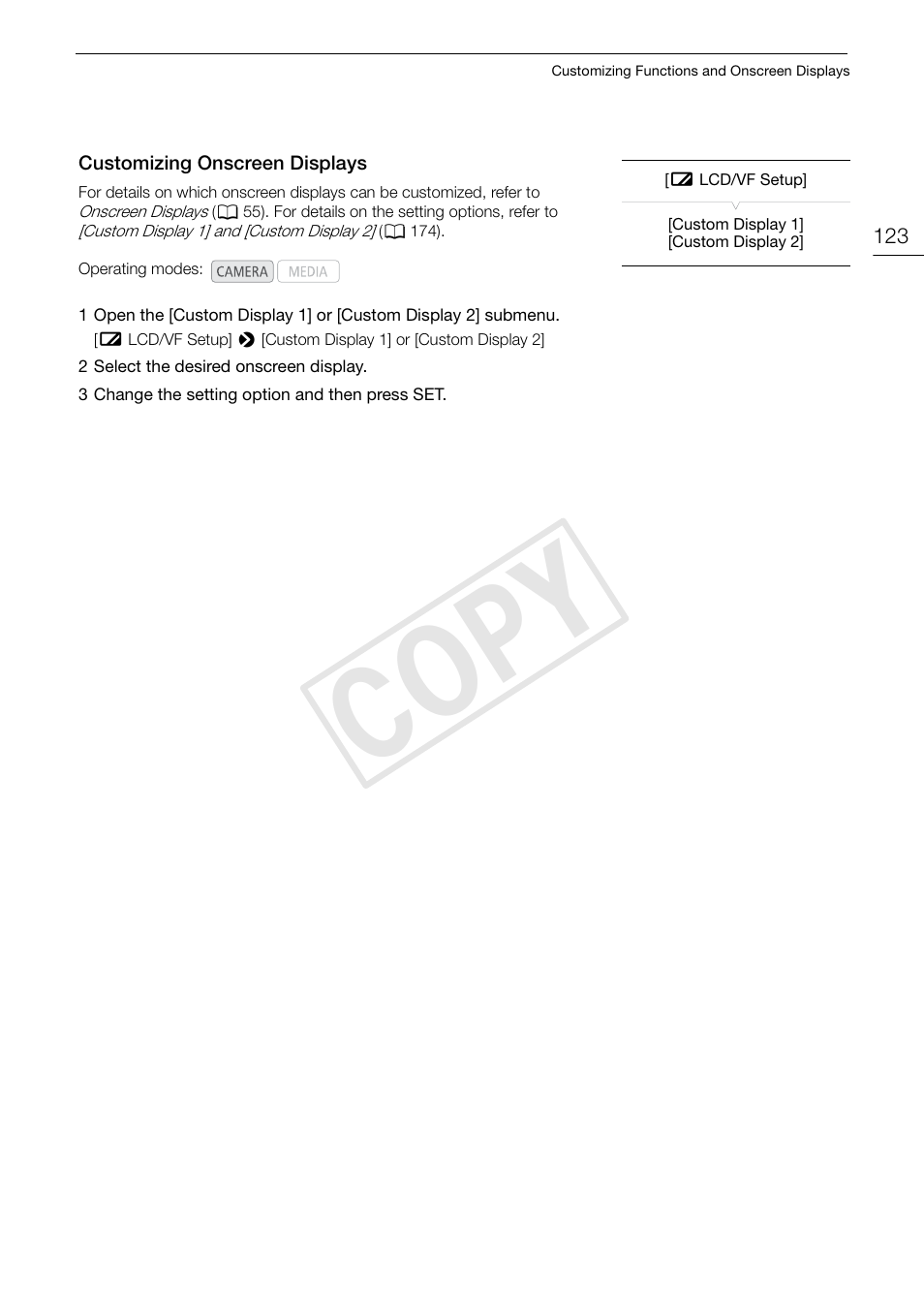 Customizing onscreen displays, 123) g, Customizing onscreen displays 123 | Cop y | Canon EOS C500 User Manual | Page 123 / 210