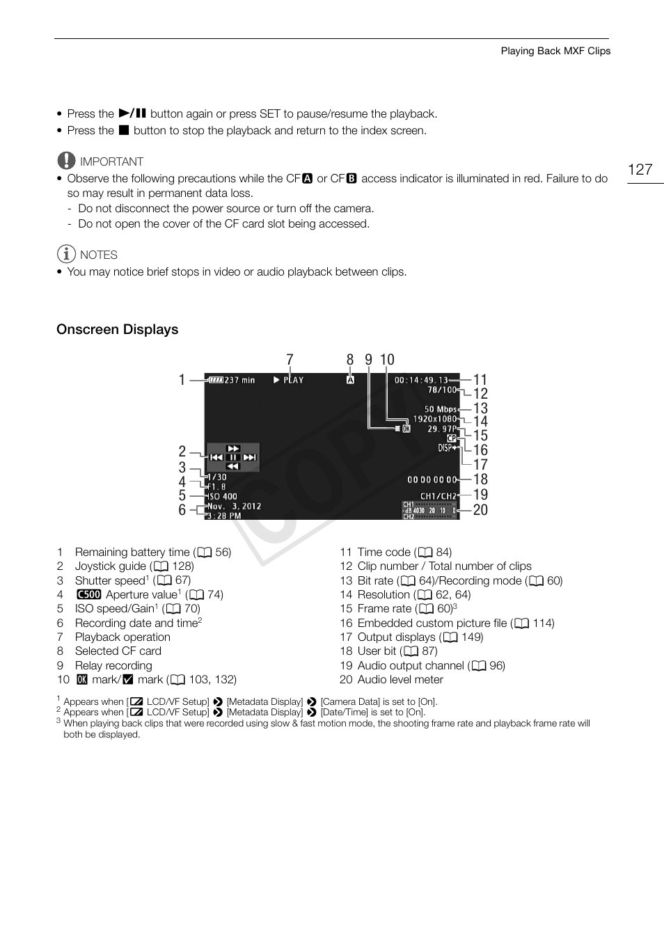 Onscreen displays, Onscreen displays 127, 127)/ba | Cop y | Canon EOS C500 User Manual | Page 127 / 210
