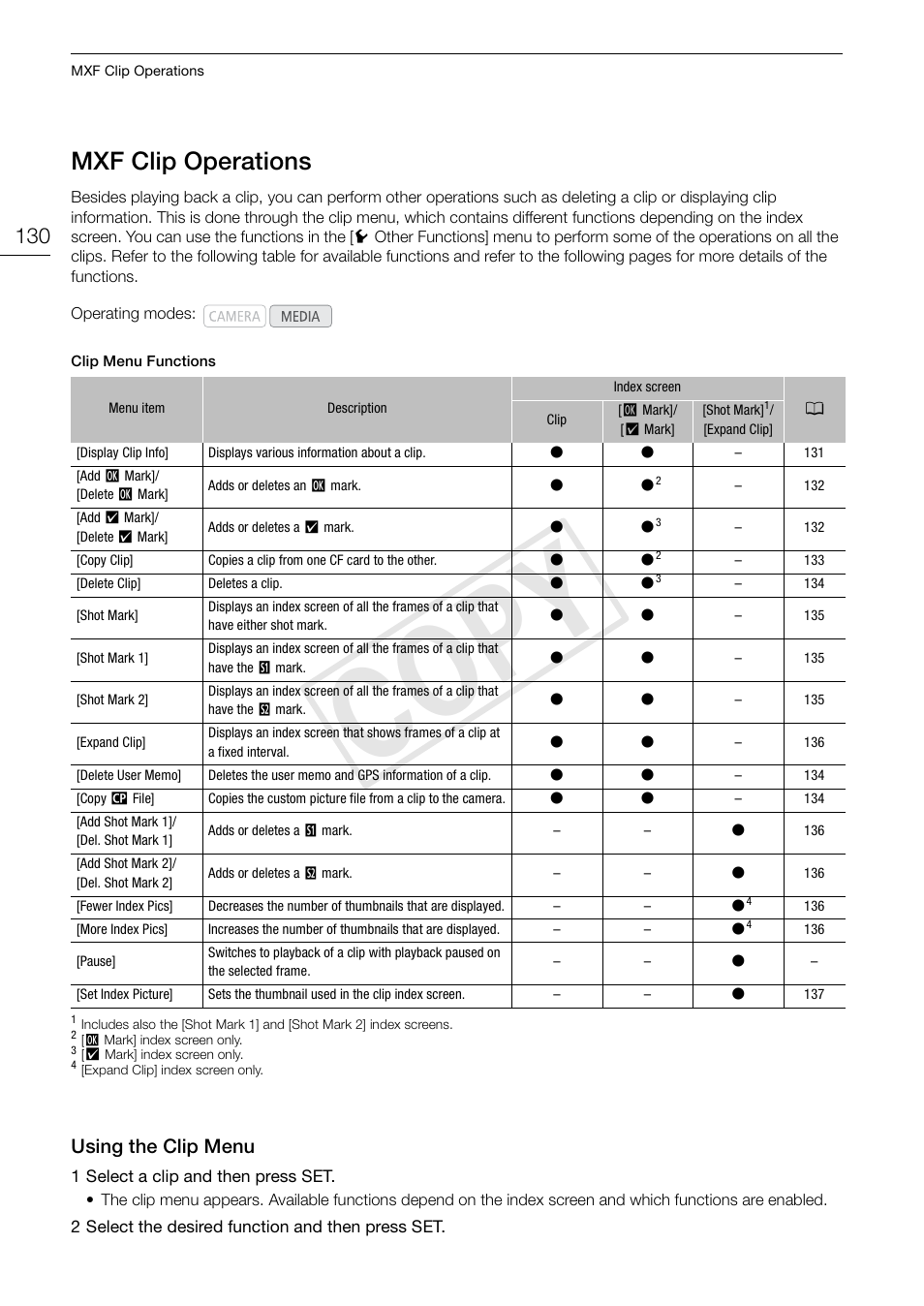 Mxf clip operations, Using the clip menu, Mxf clip operations 130 | Using the clip menu 130, Cop y | Canon EOS C500 User Manual | Page 130 / 210