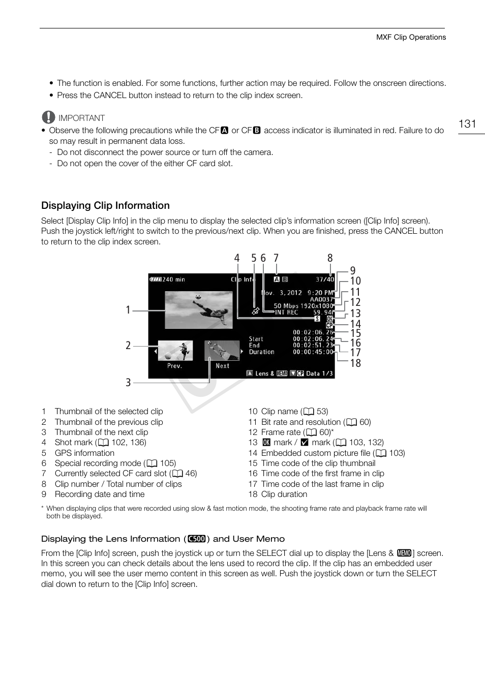 Displaying clip information, Displaying clip information 131, Cop y | Canon EOS C500 User Manual | Page 131 / 210