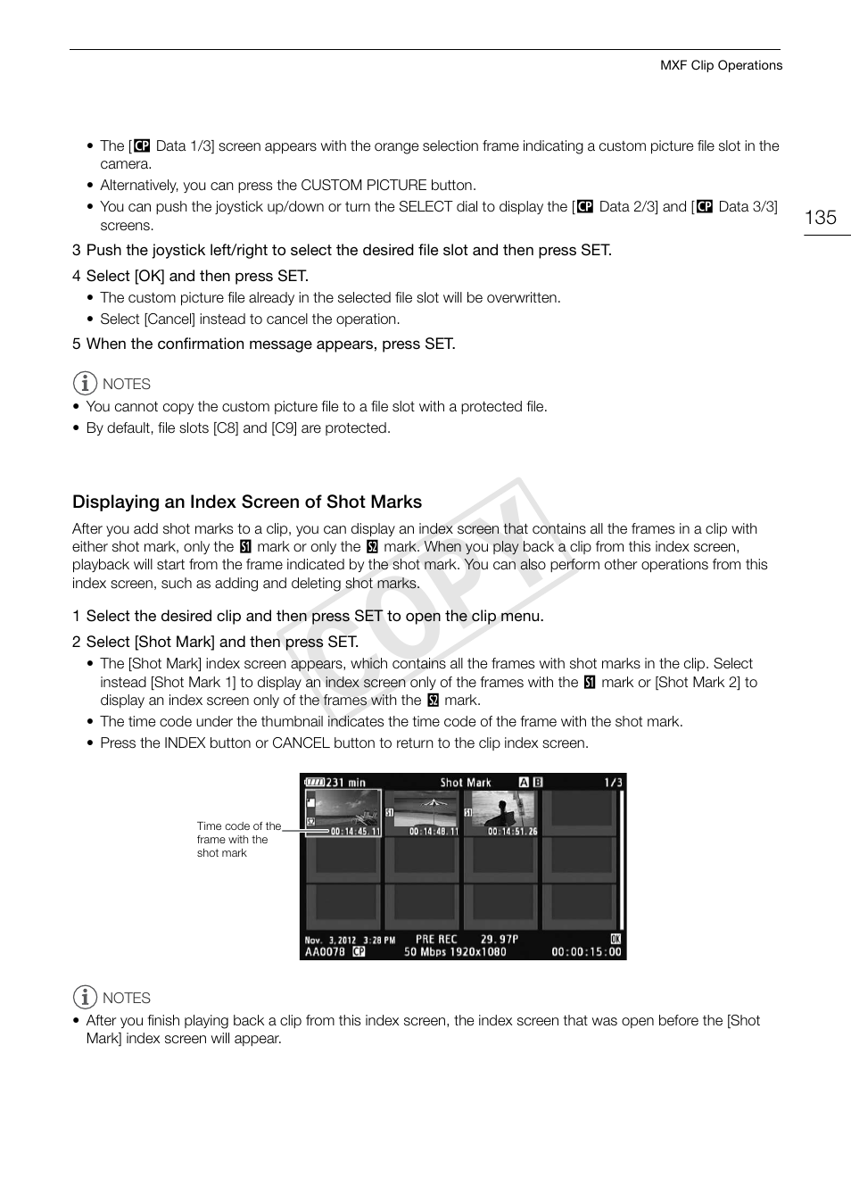 Displaying an index screen of shot marks, Displaying an index screen of shot marks 135, 135), allo | Cop y | Canon EOS C500 User Manual | Page 135 / 210