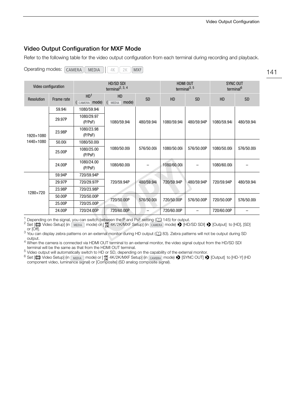 Video output configuration for mxf mode, Video output configuration for mxf mode 141, Cop y | Canon EOS C500 User Manual | Page 141 / 210