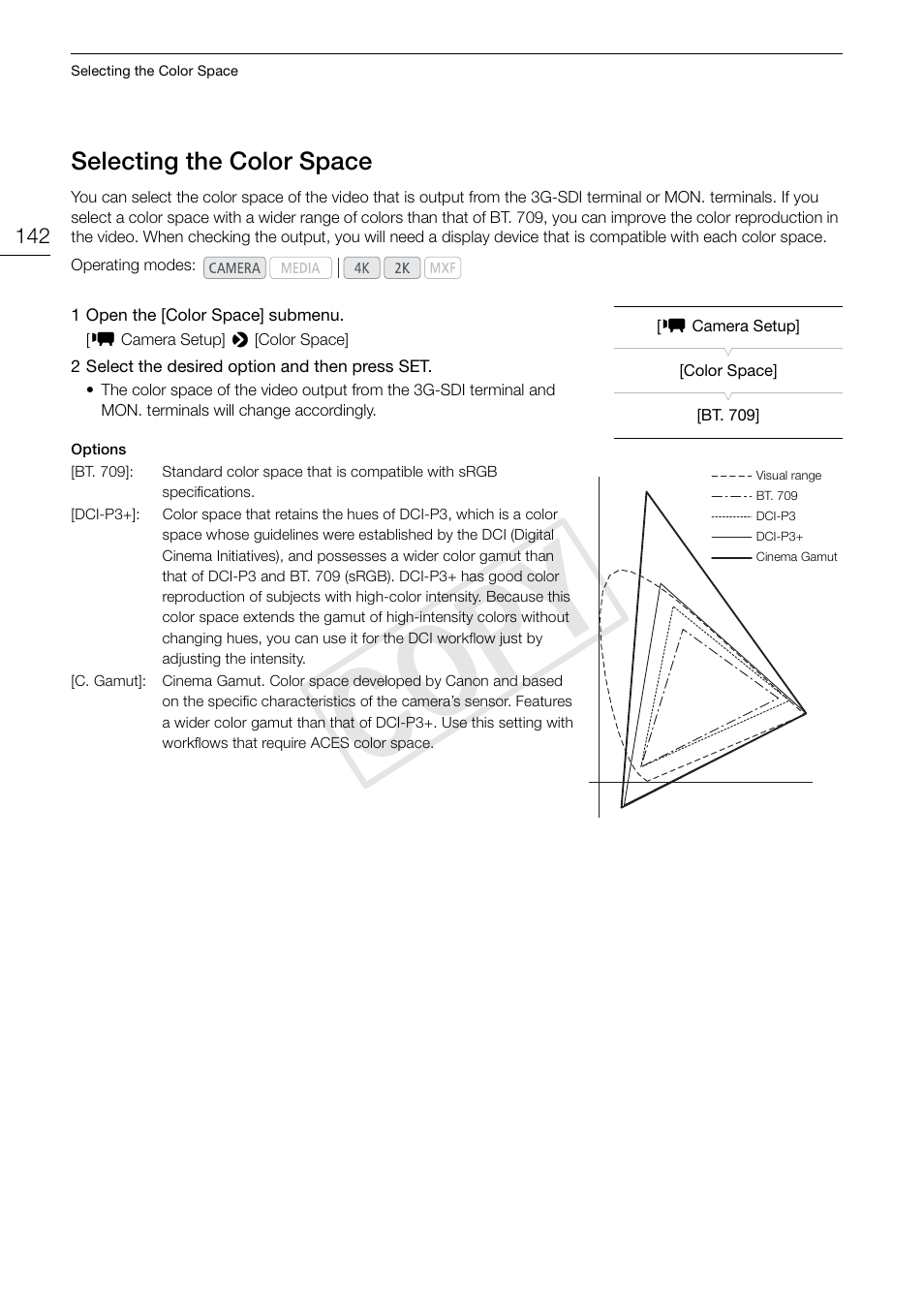 Selecting the color space, Selecting the color space 142, Cop y | Canon EOS C500 User Manual | Page 142 / 210