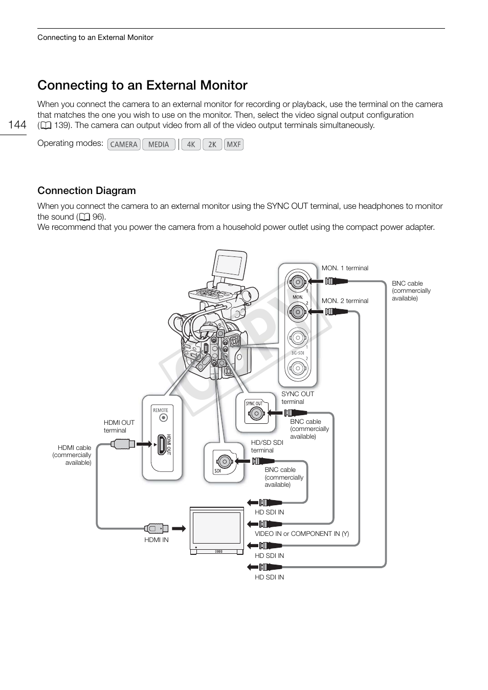 Connecting to an external monitor, Connection diagram, Connecting to an external monitor 144 | Connection diagram 144, Cop y | Canon EOS C500 User Manual | Page 144 / 210