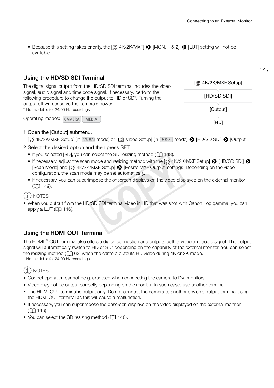 Using the hd/sd sdi terminal, Using the hdmi out terminal, Cop y | Canon EOS C500 User Manual | Page 147 / 210