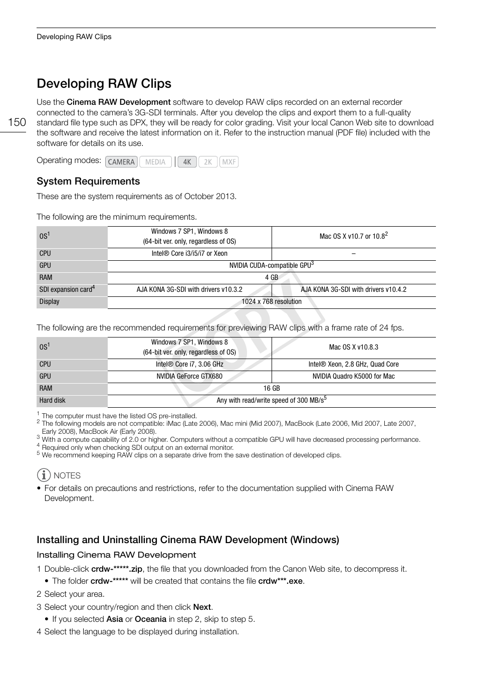 Developing raw clips, System requirements, Developing raw clips 150 | Development (windows) 150, 150), y, Cop y | Canon EOS C500 User Manual | Page 150 / 210