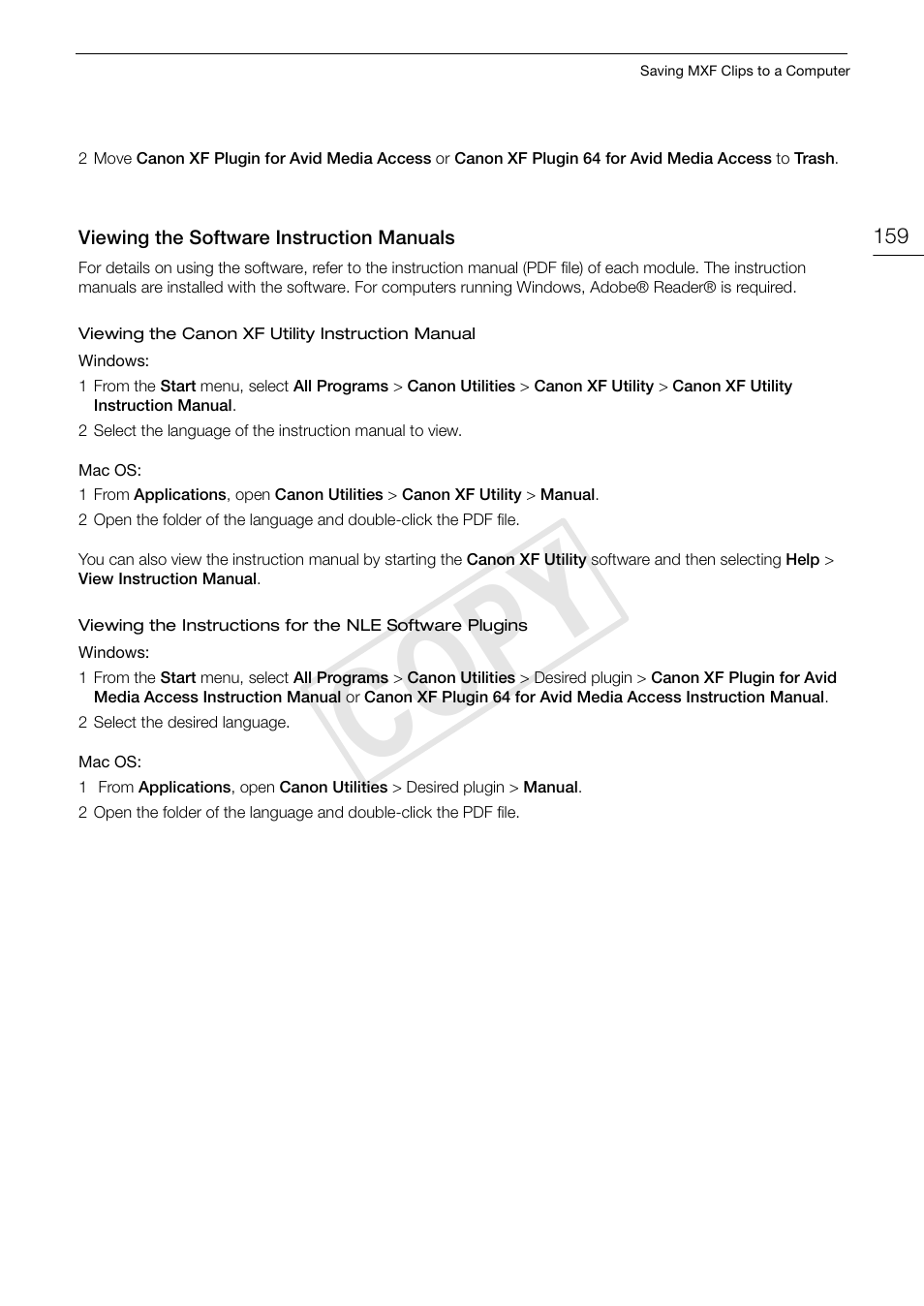 Viewing the software instruction manuals, Viewing the software instruction manuals 159, Cop y | Canon EOS C500 User Manual | Page 159 / 210