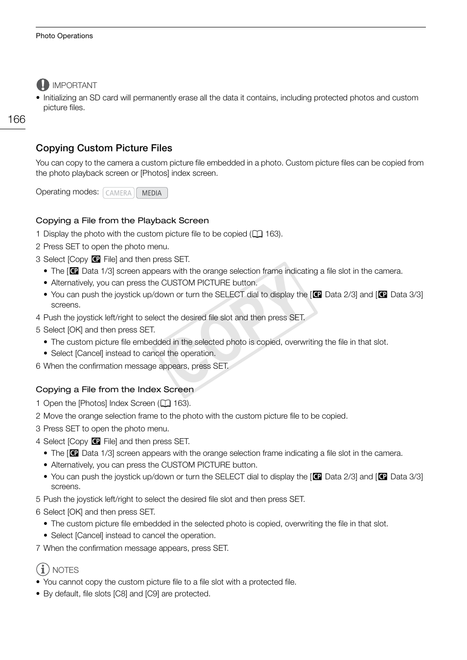 Copying custom picture files, Copying custom picture files 166, Cop y | Canon EOS C500 User Manual | Page 166 / 210
