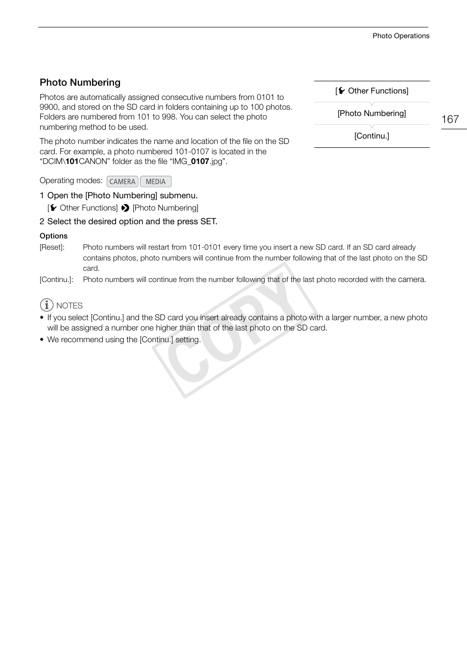 Photo numbering, Photo numbering 167, Cop y | Canon EOS C500 User Manual | Page 167 / 210