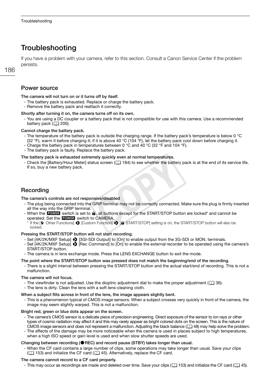 Troubleshooting, Troubleshooting 186, Cop y | Canon EOS C500 User Manual | Page 186 / 210