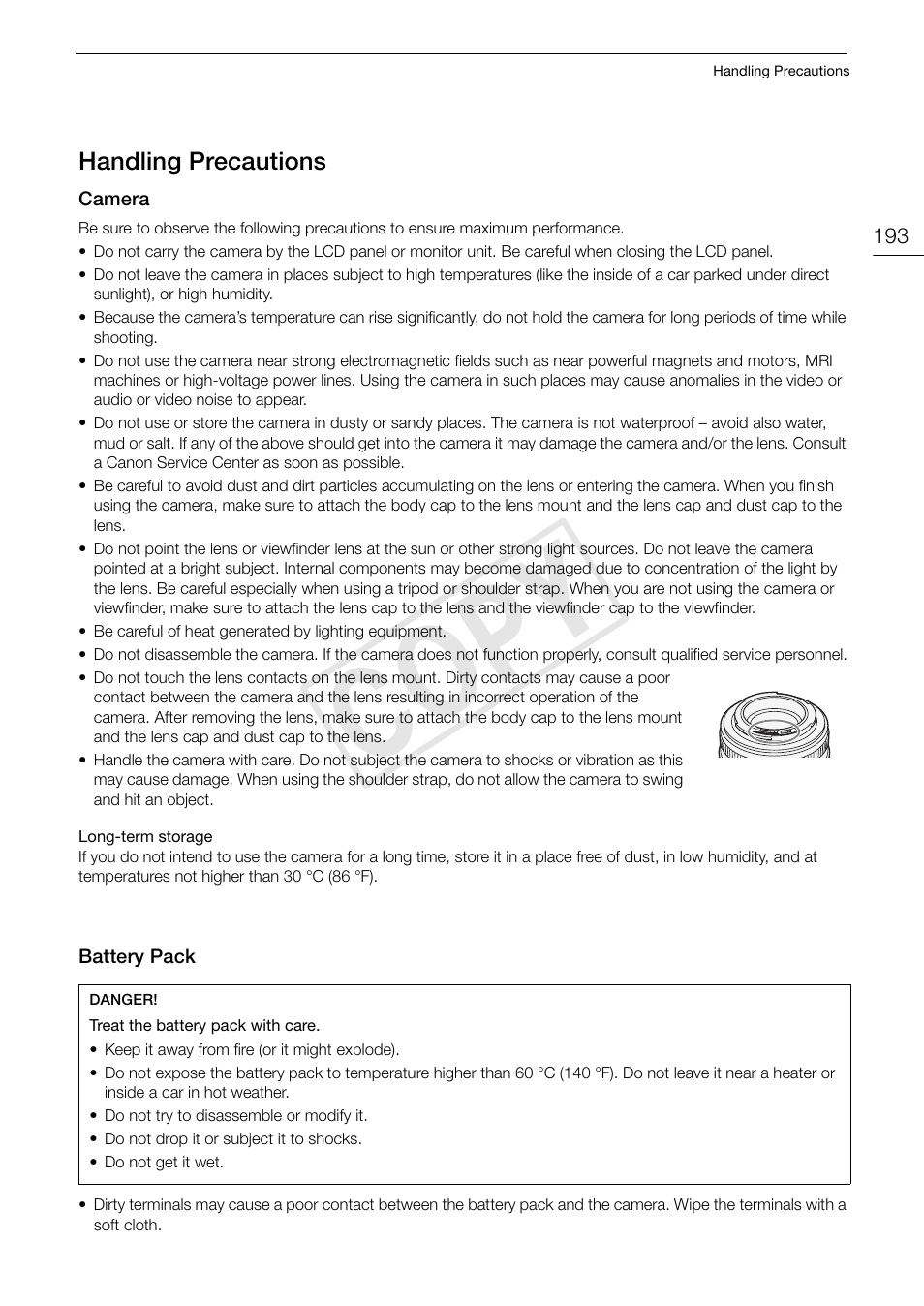 Handling precautions, Handling precautions 193, Cop y | Canon EOS C500 User Manual | Page 193 / 210