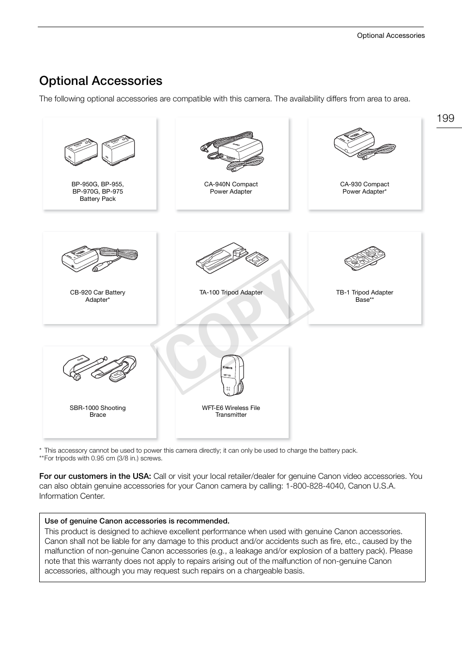 Optional accessories, Optional accessories 199, Cop y | Canon EOS C500 User Manual | Page 199 / 210
