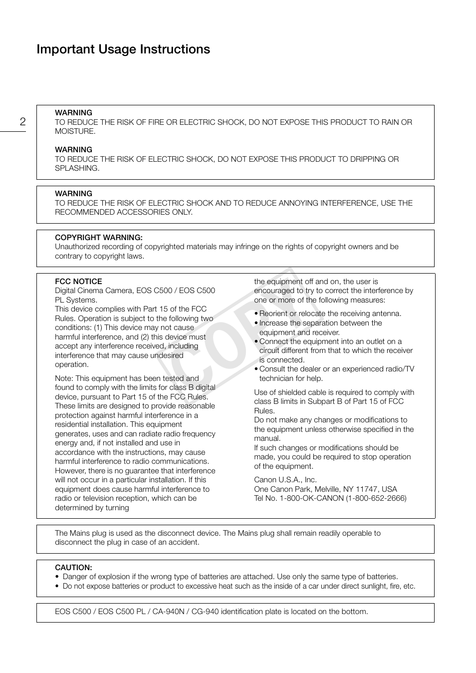 Important usage instructions, Cop y | Canon EOS C500 User Manual | Page 2 / 210
