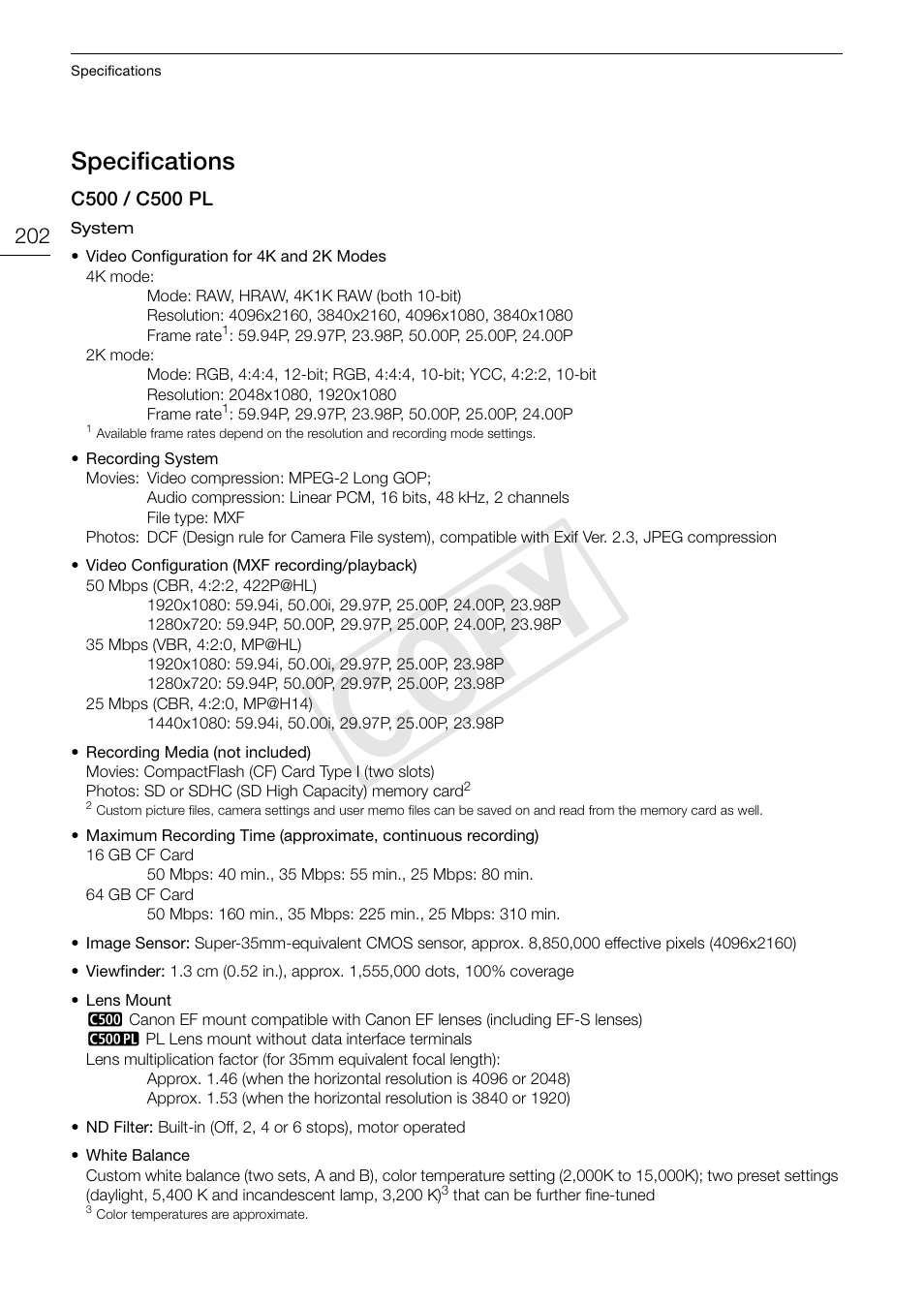 Specifications, Specifications 202, Cop y | Canon EOS C500 User Manual | Page 202 / 210