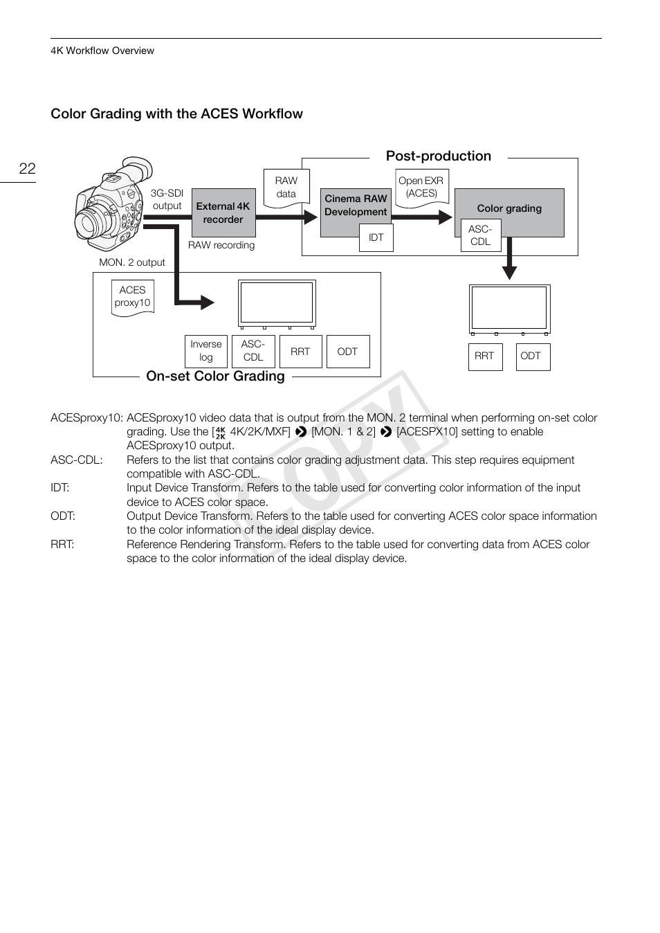 Color grading with the aces workflow, 22). o, Color grading with the aces workflow 22 | Cop y | Canon EOS C500 User Manual | Page 22 / 210