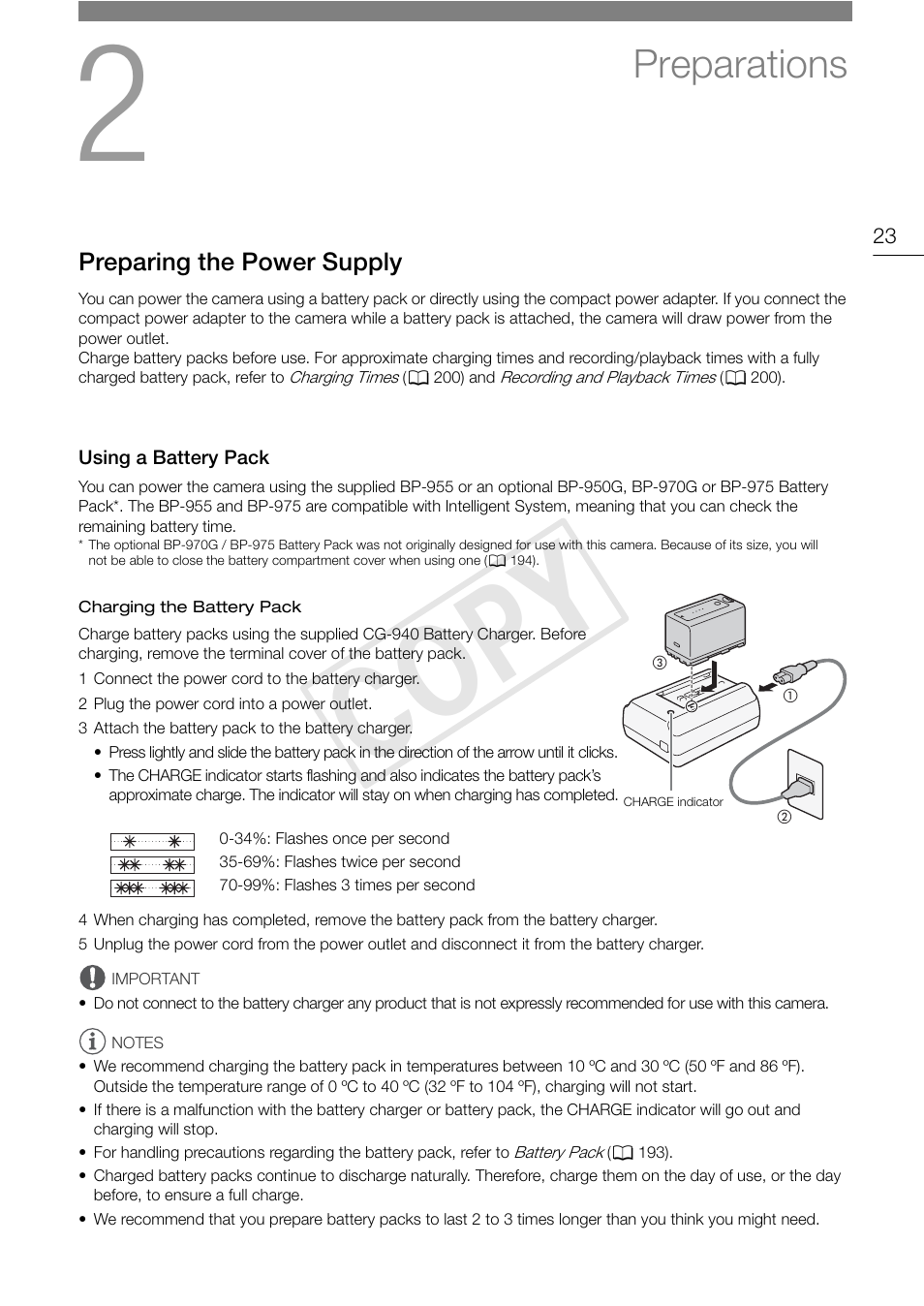 Preparations, Preparing the power supply, Using a battery pack | Preparations 23, Preparing the power supply 23, Using a battery pack 23, Cop y | Canon EOS C500 User Manual | Page 23 / 210