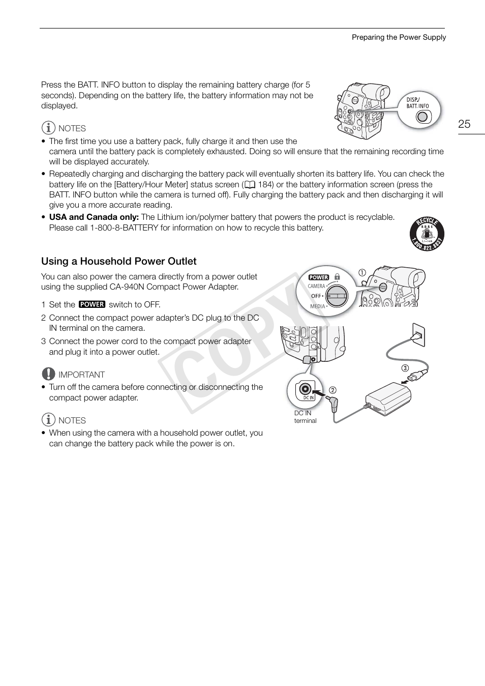 Using a household power outlet, Using a household power outlet 25, Cop y | Canon EOS C500 User Manual | Page 25 / 210