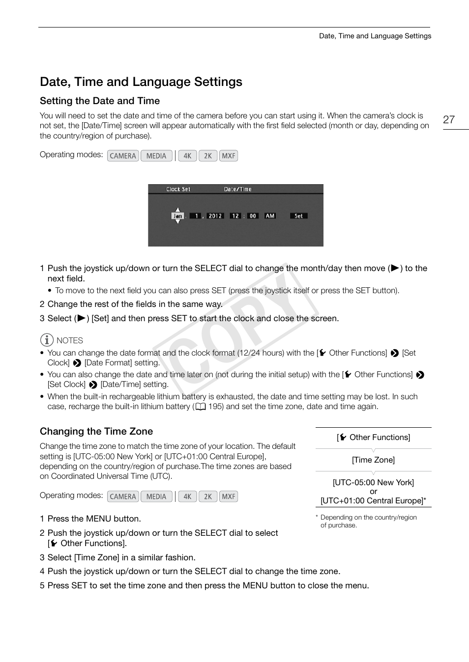 Date, time and language settings, Setting the date and time, Changing the time zone | Date, time and language settings 27, Cop y | Canon EOS C500 User Manual | Page 27 / 210