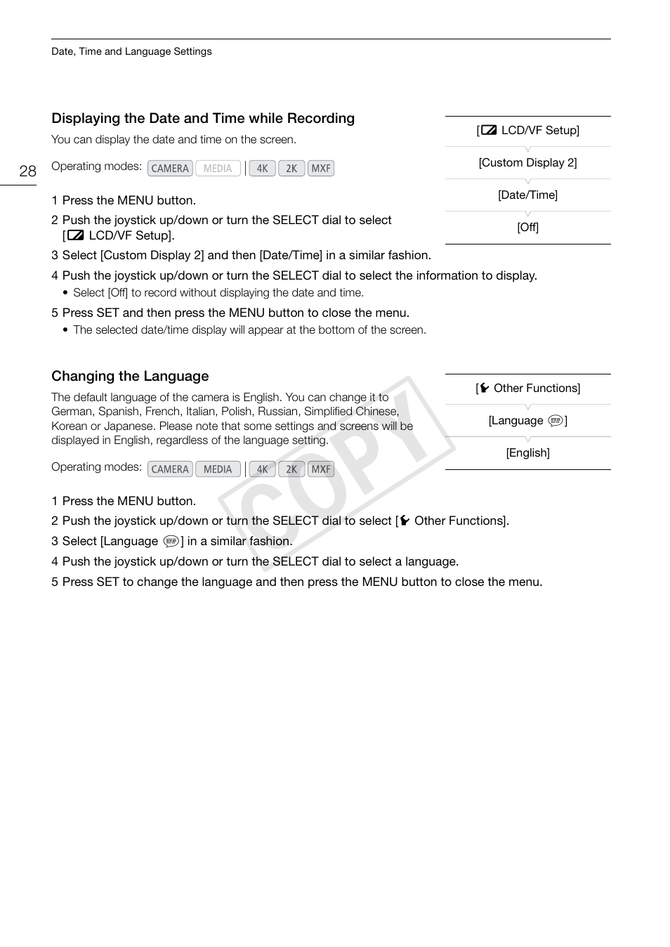 Displaying the date and time while recording, Changing the language, Cop y | Canon EOS C500 User Manual | Page 28 / 210