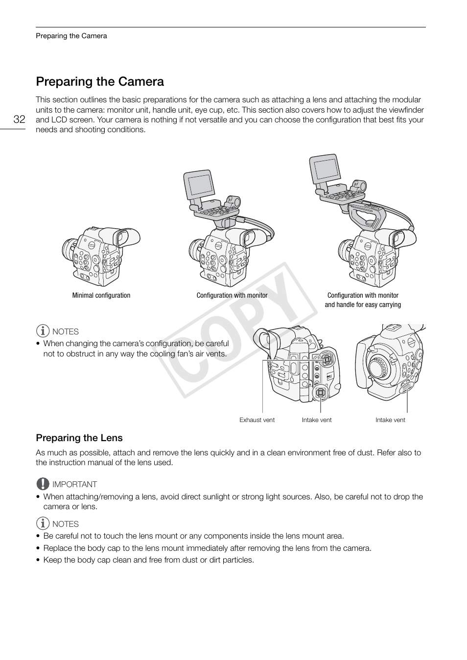 Preparing the camera, Preparing the lens, 32). the | Preparing the camera 32, Preparing the lens 32, Cop y | Canon EOS C500 User Manual | Page 32 / 210