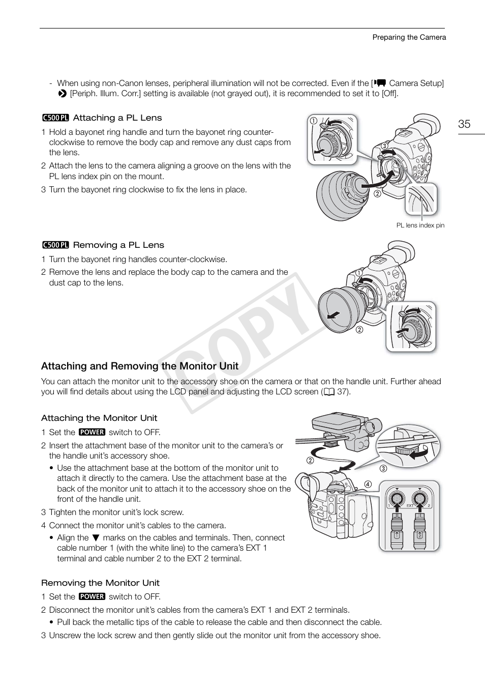 Attaching and removing the monitor unit, Attaching and removing the monitor unit 35, Cop y | Canon EOS C500 User Manual | Page 35 / 210