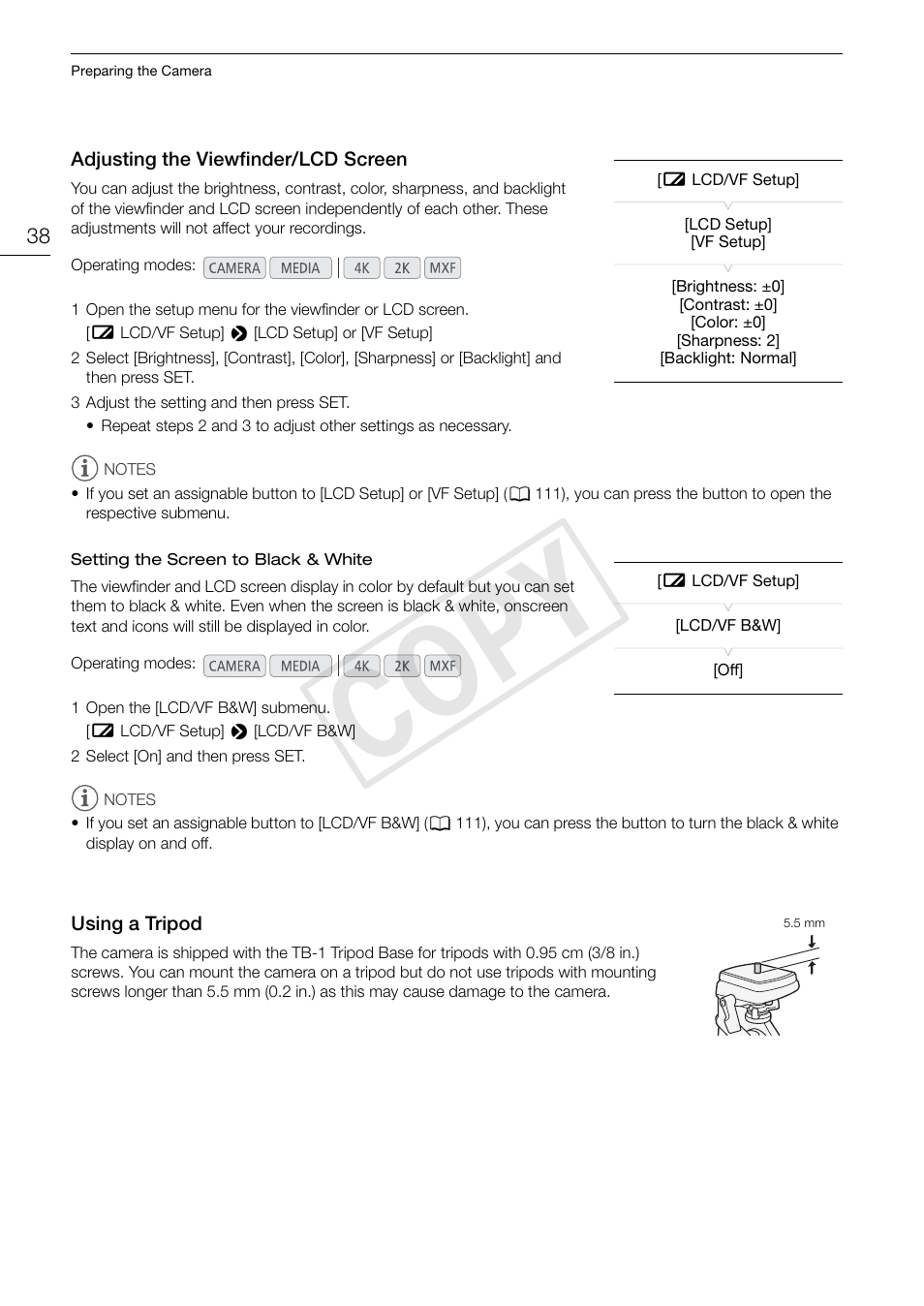 Adjusting the viewfinder/lcd screen, Using a tripod, Cop y | Canon EOS C500 User Manual | Page 38 / 210