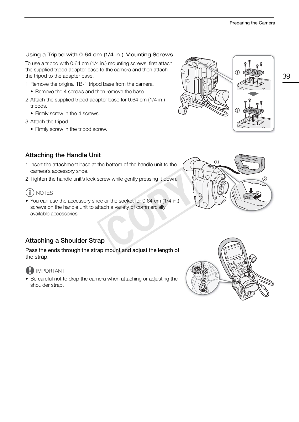 Attaching the handle unit, Attaching a shoulder strap, Cop y | Canon EOS C500 User Manual | Page 39 / 210