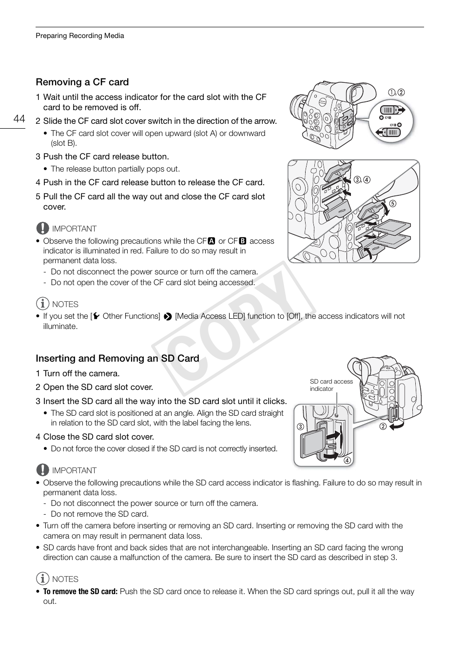 Removing a cf card, Inserting and removing an sd card, Cop y | Canon EOS C500 User Manual | Page 44 / 210