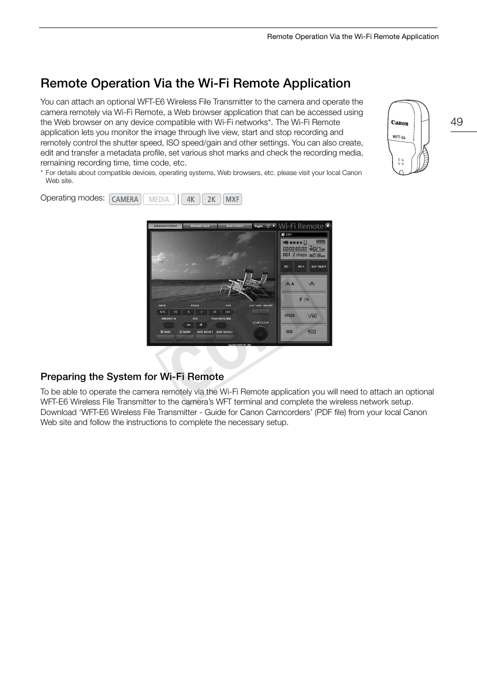 Remote operation via the wi-fi remote application, Preparing the system for wi-fi remote, Remote operation via the wi-fi remote | Application 49, Preparing the system for wi-fi remote 49, Cop y | Canon EOS C500 User Manual | Page 49 / 210
