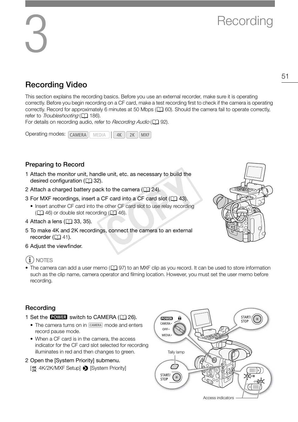 Recording, Recording video, Preparing to record | Recording 51, Recording video 51, Preparing to record 51 recording 51, Cop y | Canon EOS C500 User Manual | Page 51 / 210